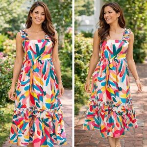 Full, Colorful Abstract Ruffle Strap Tiered Midi Sundress Lined Cotton — Size M